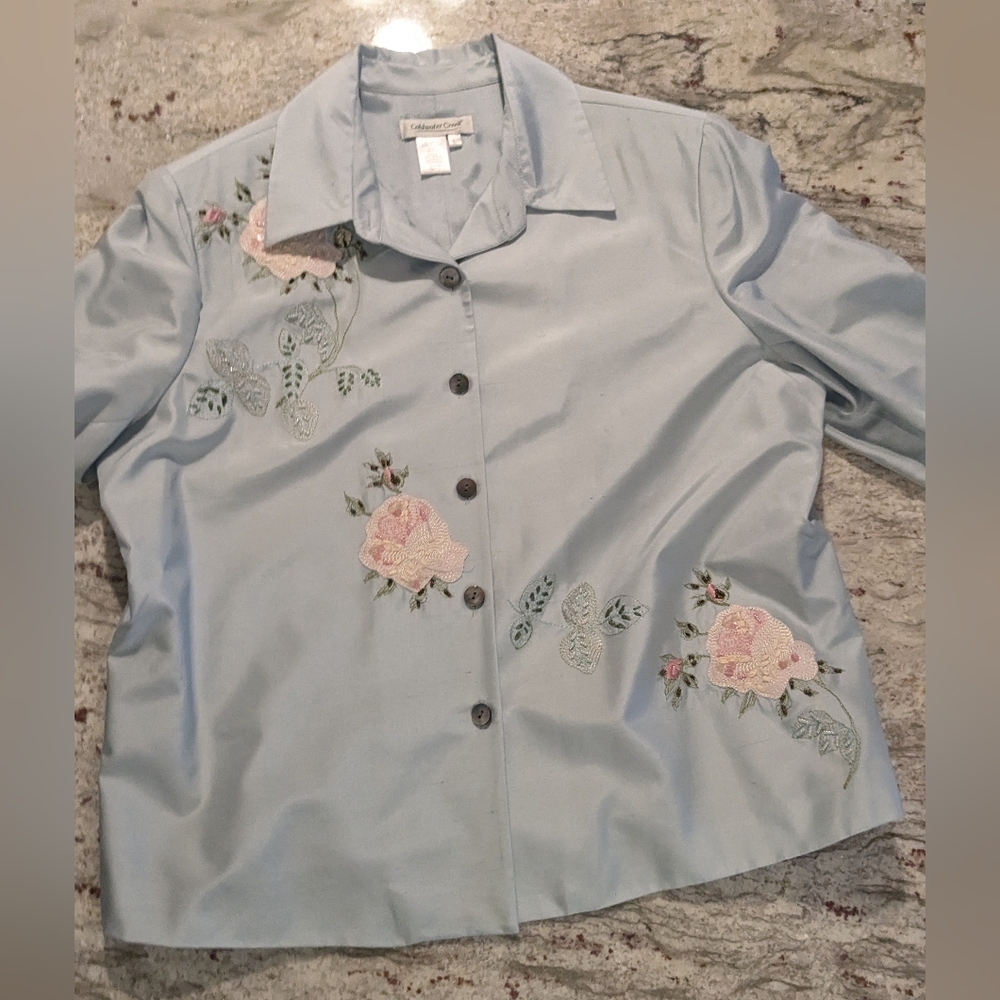 100% Silk Coldwater Creek Embroidery Floral Blue Jacket Large Coastal Grandma